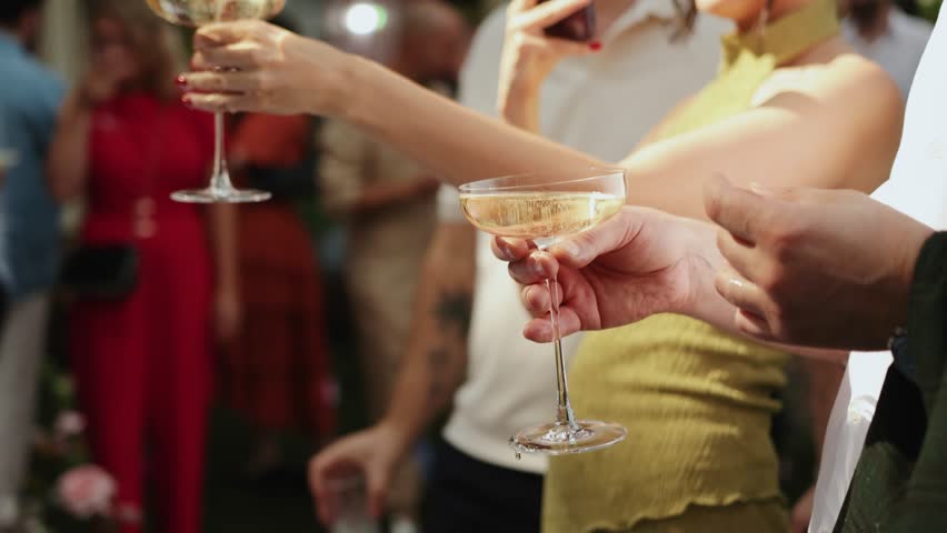 Cheers Among Joyful Guests, People Toast With Shimmering Drinks During Outdoor Celebration In Garden