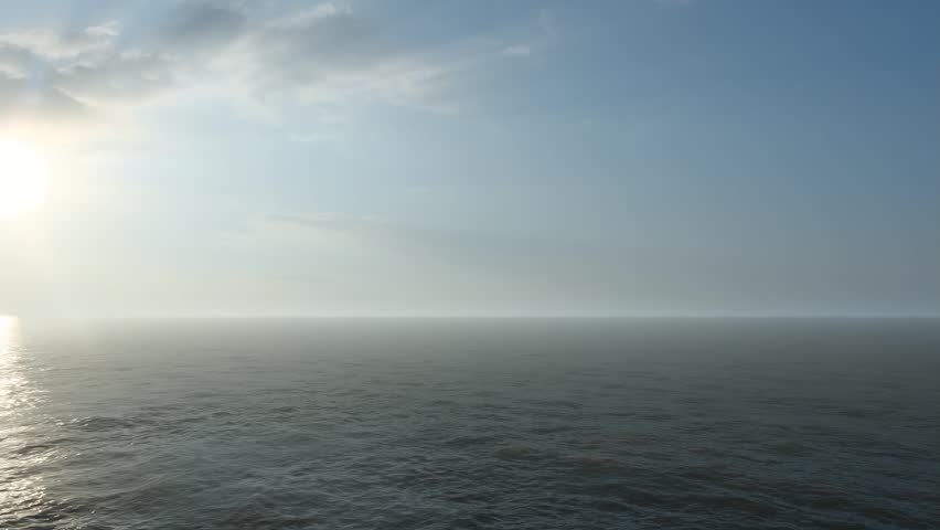 A vast, open seascape features the blinding sun shining brightly through the haze, casting a glittering path of light across the dark, rippling ocean waves toward the distant, misty horizon.