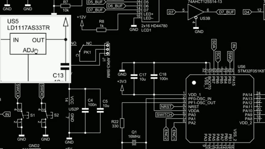 Video animation with schematic diagram of 
electronic device. Animated motion lens increase effect. Drawing electrical circuit with capacitor, resistor, 
processor, other. Computer technic cad design.
