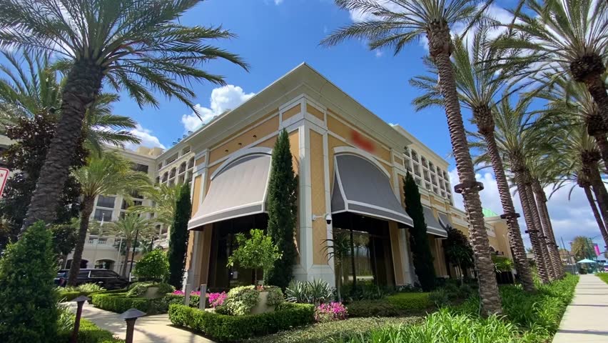 🌴 Southern California Vibes: Scenic Anaheim Streetscape. Sunny daytime view of Anaheim, California. Scenic street with beautiful houses, palm trees, and lush greenery. City transport, cars, and buses under a blue sky with white clouds. Suburban bliss.
