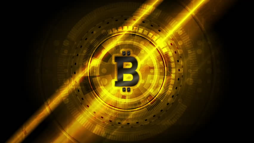 A glowing golden Bitcoin symbol is displayed against a dark background, surrounded by digital patterns and light effects, representing cryptocurrency and technology.