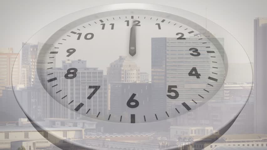 Analog clock face sweeping hands clockwise when play starts, showing time passing over hazy skyline. Timepiece, overlay, dial, cityscape, rooftop, skyscraper, translucent