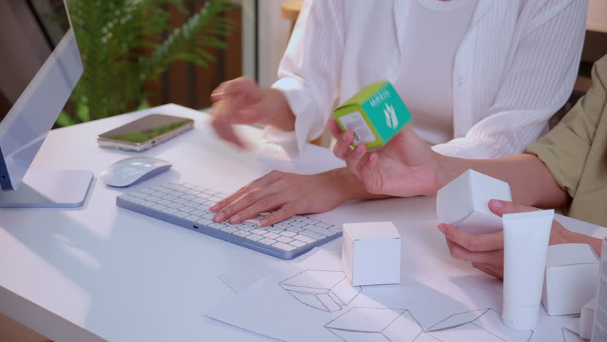 Hand holding cosmetic packaging mockup box, graphic designer and development branding project, sketch and layout artwork, business startup planning creative for skincare product label advertising.