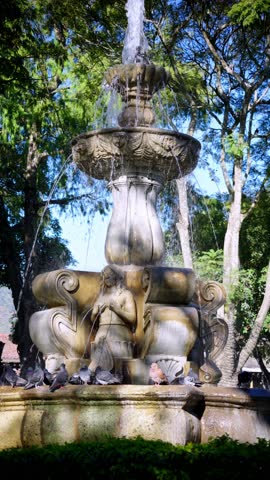 Vertical View Of Fountain of the Sirens In The Central Park Of Antigua, Guatemala. Close-up Shot