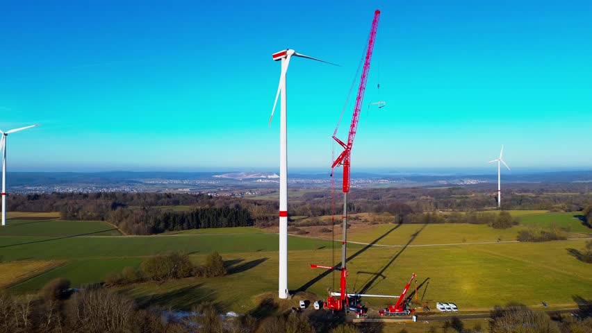Aerial view of wind turbine construction with crane and surrounding farmland in rural Germany