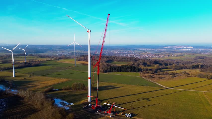 Aerial wide view of wind turbine installation and operating turbines over rural Germany