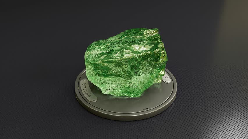 Uncut emerald gemstone specimen exhibited on metallic base for geological study and jewelry industry.