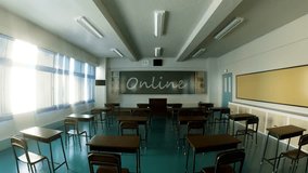 Classroom with online education message on chalkboard representing remote learning and virtual classroom technology. - Powered by Shutterstock - Get 15% off with code: PIKWIZARD15