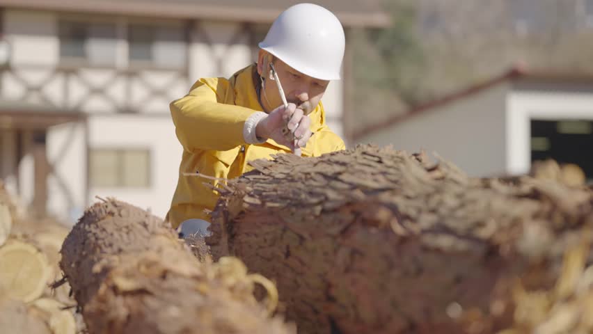 Forestry workers measuring the size of logs: Tama Wood Center Cooperative Association
