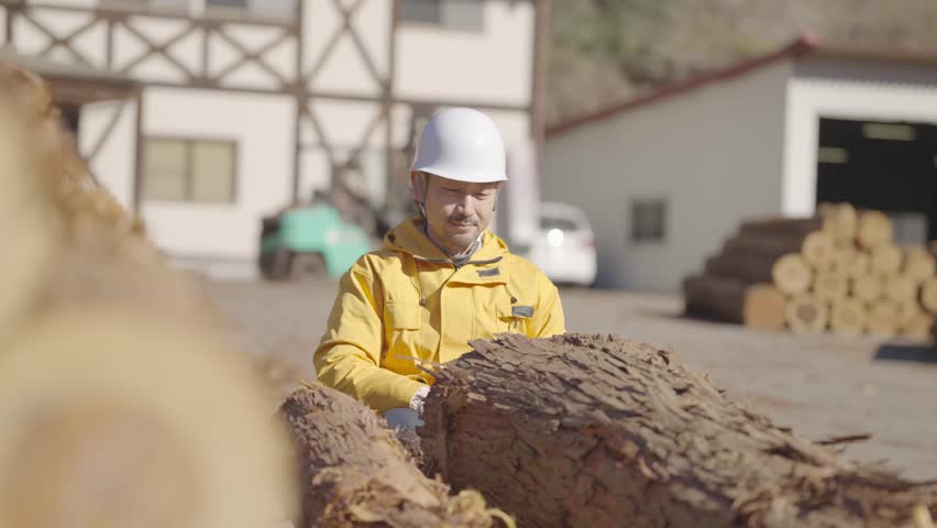 Forestry workers measuring the size of logs: Tama Wood Center Cooperative Association
