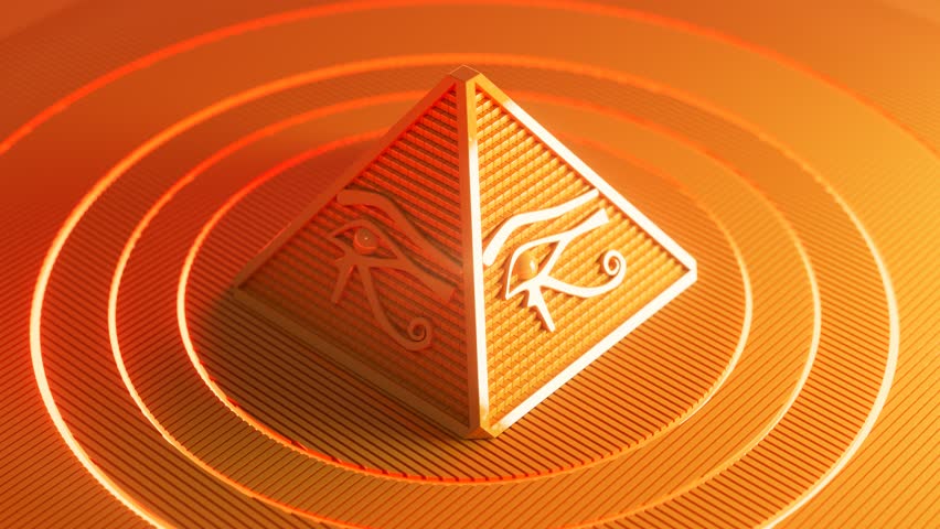 Egyptian pyramid monument displaying Eye of Horus surrounded by radiant golden circular light patterns.
