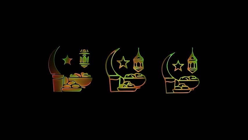 Glowing Ramadan Kareem Neon Feast and Blue Gradient Iftar Meal icon saber animation with black background..mp4