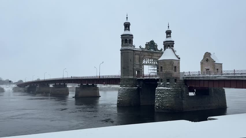 Historic Drawbridge With Towers in Winter, Saint Petersburg Cityscape