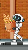 Humanoid robot walks on urban sidewalk holding grocery bag, pauses near trash bin, bright daylight - Powered by Shutterstock - Get 15% off with code: PIKWIZARD15