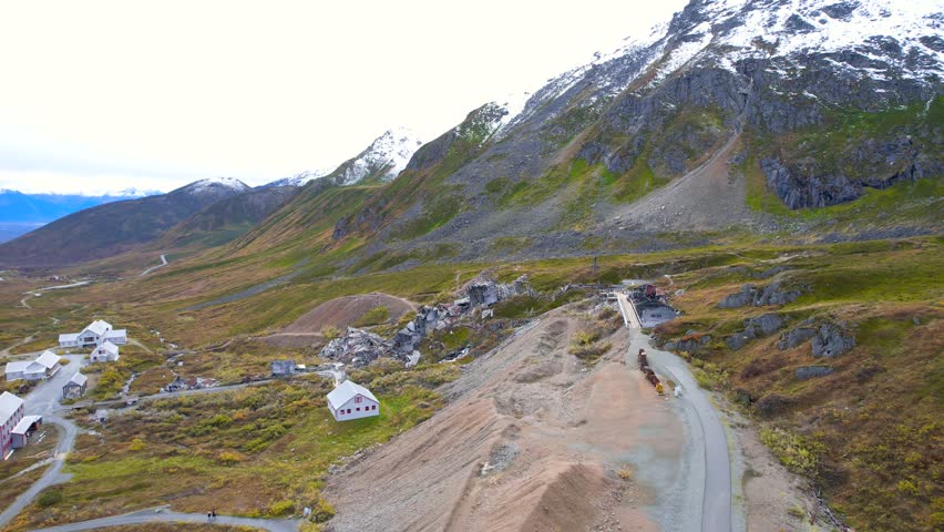 Aerial view flying over the historic independence mine state historical park in Alaska.