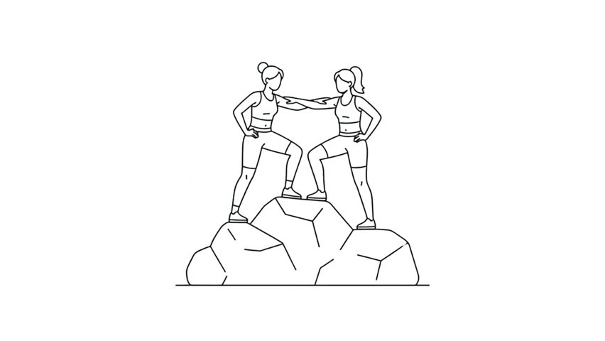 Women Climbing Mountain Peak Helping Each Other Reach Summit, Minimalist Line Art Illustration Animation