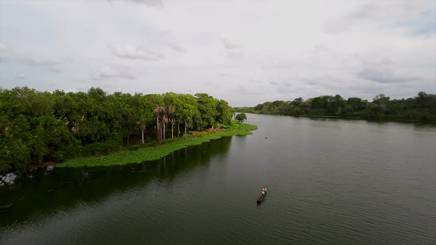 Aerial view of Laguna Grande, calm lake with canoe and lush trees