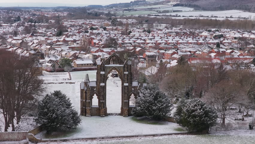 Guisborough Priory, Guisborough, North Yorkshire. Ruins of ancient Abbey. Snow.