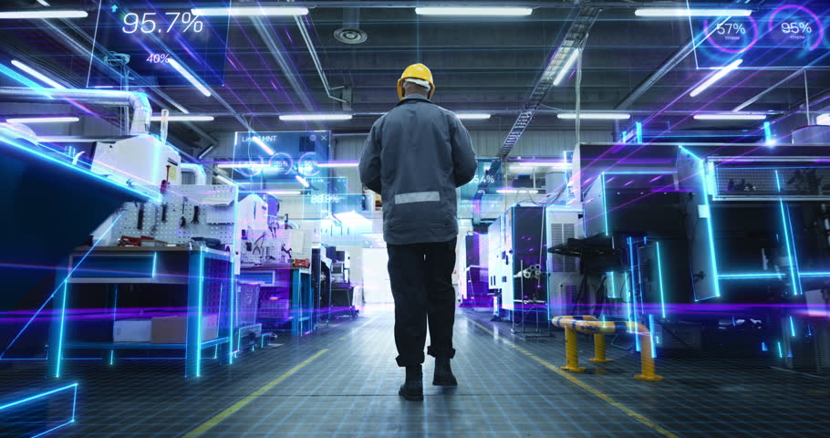 Factory Technician Walks in Manufacturing Facility with AI Data Overlays Scan Equipment, Digital Diagnostics. Visualization of Smart Machines, Monitoring Dashboards, Optimization of Production
