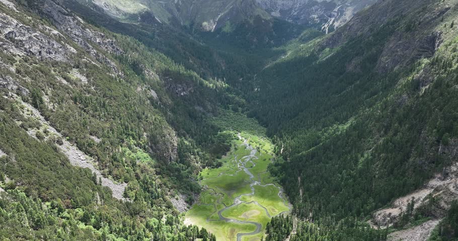 Aerial view of beautiful high altitude forest lake mountain landscape