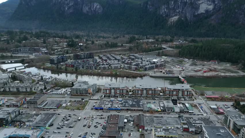 Aerial View Of A Waterfront Downtown In Squamish, British Columbia, Canada.