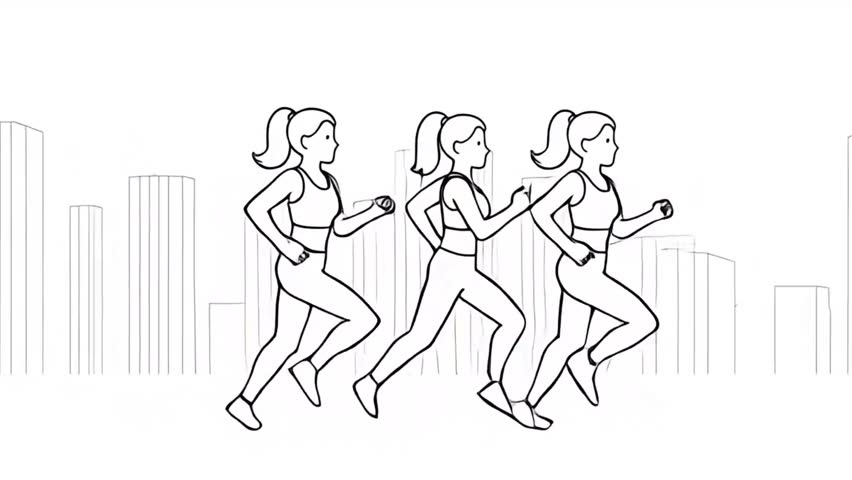 Group of Female Runners Jogging in City Park, Minimalist Black and White Vector Drawing Animation of Women Exercising Outdoors
