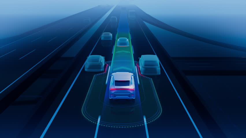 3D Animation of an Autonomous Car Illustrating Sensors and Advanced Cruise Control Capabilities. Mock-up of a Self-Driving Car Dark Blue UI showing Surrounding Traffic and Lane Keeping Technology.