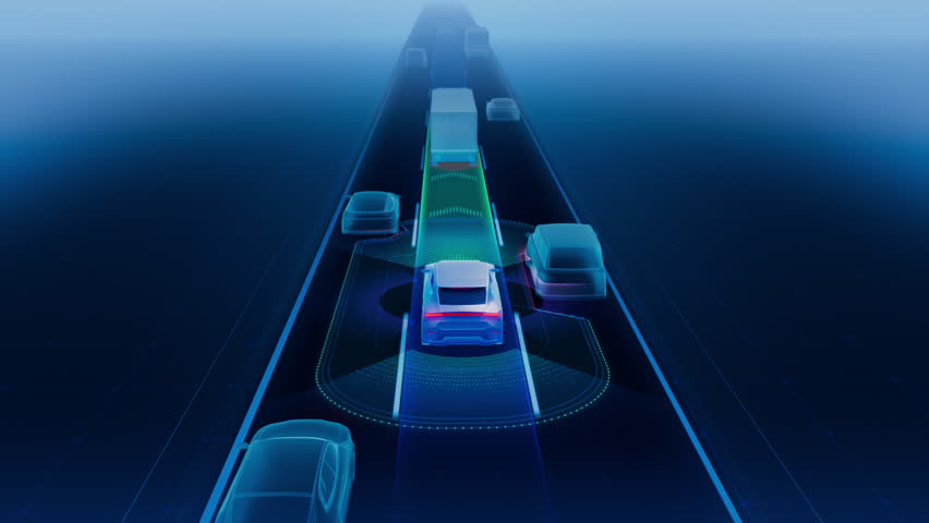 3D Animation of an Self-Driving Car Illustrating Sensors and Advanced Cruise Control Capabilities. Mock-up of a Autonomous Car Dark Blue UI showing Surrounding Traffic and Lane Keeping Technology.