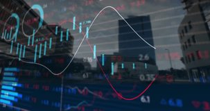 Animating financial data charts and graphs over cityscape background at night. Finance, animation, data visualization, urban, economy, analytics - Powered by Shutterstock - Get 15% off with code: PIKWIZARD15