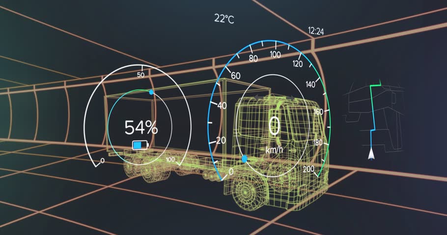 Digital dashboard animation showing truck speed, battery level, and temperature data. Technology, interface, analytics, transportation, innovation, telemetry