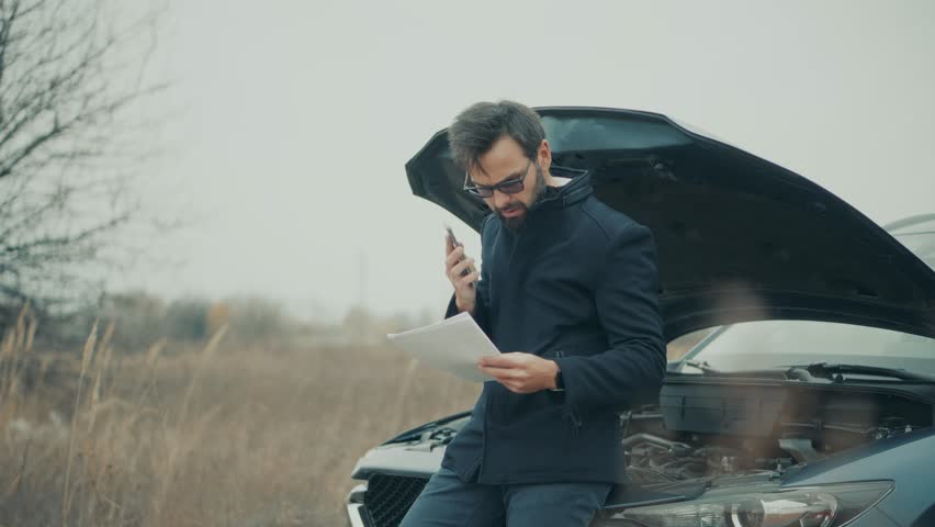 Professional Businessman Troubleshooting Car Breakdown On Roadside, Driver Talking On Smartphone While Holding Documents Near Broken Vehicle, Modern Blue Auto With Open Hood In Rural Field, Transportation Problems And Emergency Assistance Need, Businessman Managing Automotive Malfunction During Business Trip, Inspection Of Engine Components Under Open Bonnet, Technical Service And Support Request Via Mobile Phone, Automobile Repair Process In Nature, Mechanical Failure On Highway Shoulder, Person Assessing Motor Issues, Roadside Security And Safety Procedures, Professional Guy Handling Unexpected Vehicle Stop, Checking Documentation For Car Insurance Claim, Automotive Maintenance Task For Busy Businessman, Suburban Road Trip Adventure With Technical Trouble
