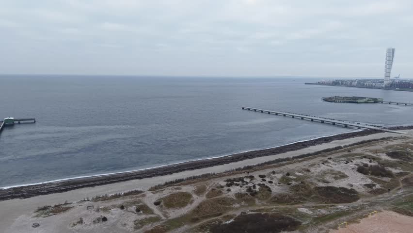Aerial View of Malmo Sweden City Beach on Cold Winter Day, Drone Shot