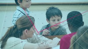 Animation of financial data processing over diverse schoolchildren and female teacher. Global education, business, connections, computing and data processing concept digitally generated video. - Powered by Shutterstock - Get 15% off with code: PIKWIZARD15