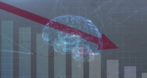 Holographic brain floating over grid, vertical bars rising, line graph weaving, red arrow cutting. Futuristic, technology, analytics, visualization, digital, innovation, abstract - Powered by Shutterstock - Get 15% off with code: PIKWIZARD15
