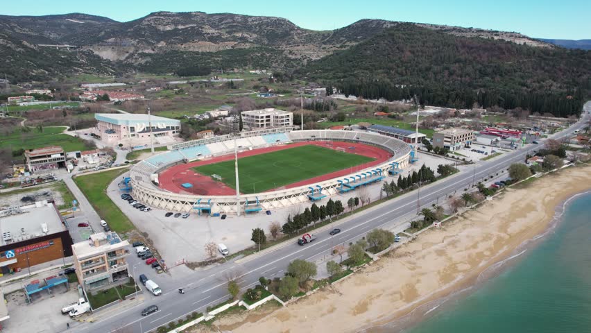 Aerial Point of Interest Shot of Anthi Karagianni Sports Stadium in Perigiali Kavala Greece