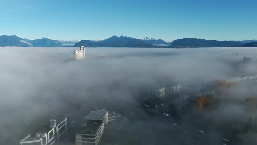 Wispy Misty Clouds Over Langley In British Columbia, Canada. Aerial Shot