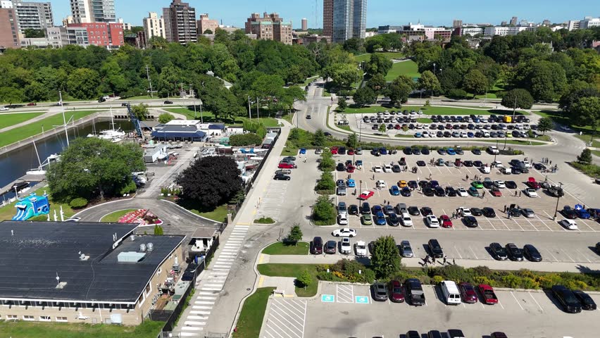 Aerial of Downtown Milwaukee Wisconsin on Labor Day Weekend.  Bird
