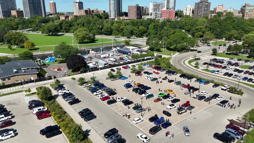 Aerial of Downtown Milwaukee Wisconsin on Labor Day Weekend. Bird