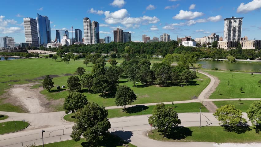 Aerial of Downtown Milwaukee Wisconsin on Labor Day Weekend.