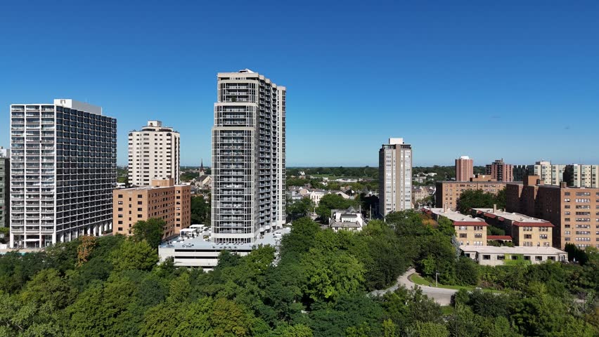 Aerial of Downtown Milwaukee Wisconsin on Labor Day Weekend. Birdseye view of apartments and high rises on the east side of town.