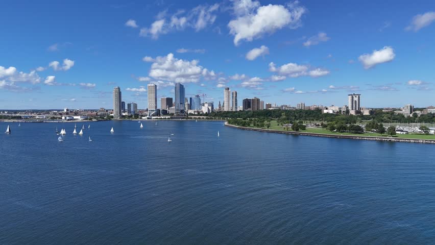 Aerial of Downtown Milwaukee Wisconsin on Labor Day Weekend.  Long approach shot over Lake Michigan towards skyline an sailboats.