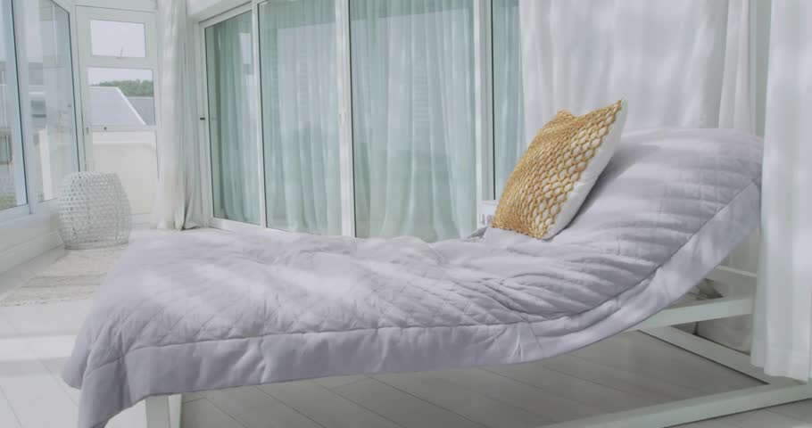 Flat design scene showing sunroom with quilted bed, wicker cushion, glass windows, sheer curtains. Minimalist, cozy, airy, natural, relaxing, interior, modern