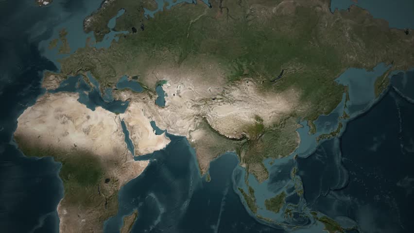 Professional map animation of the Middle East region with Iran highlighted in red and glowing borders on a realistic satellite terrain background. Ideal for news, politics, and history content.