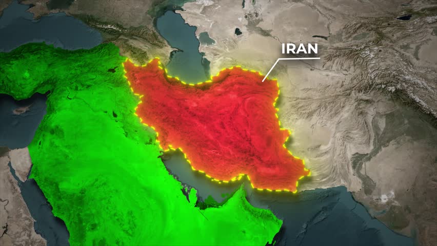 Professional map animation of the Middle East region with Iran highlighted in red and glowing borders on a realistic satellite terrain background. Ideal for news, politics, and history content.