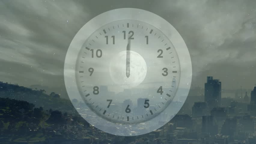 Sun appearing, ghosted clock hands rotating, skyline shifting night-to-dawn, conveying time passage. Urban, cityscape, metropolis, hazy, mist, clouds, lensflare