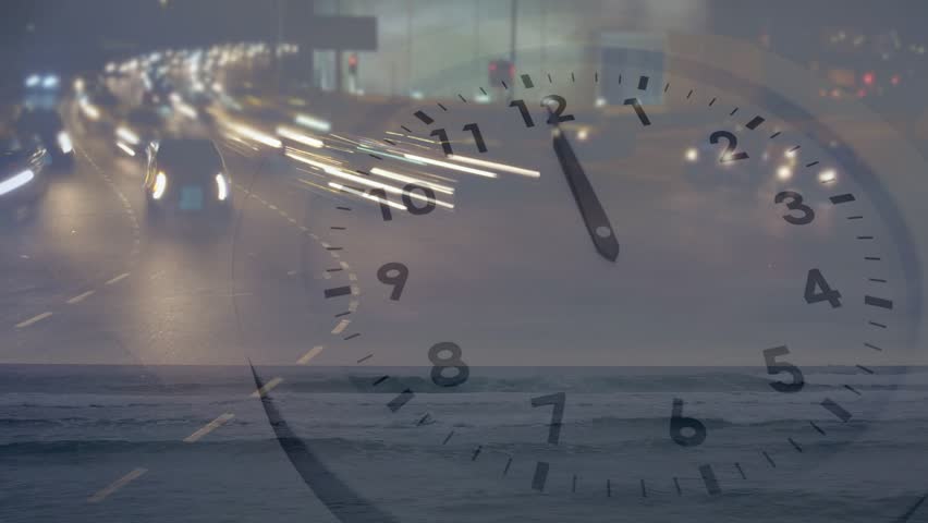 When clip starts analog clock rotating, car lights sweeping, waves drifting, showing time passing. Neon, urban, night, traffic, motion, overlay, horizon