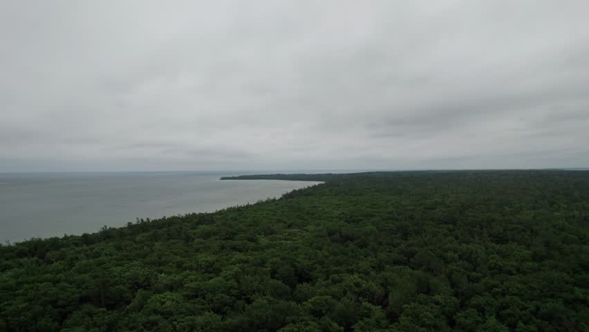 Slow Drone push shot of forest and Lake Michigan on an overcast summer day.  Clouds above in Northern Door County Wisconsin.
