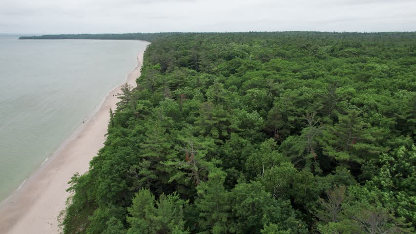 Fast Drone push shot of forest and Lake Michigan on an overcast summer day.  Clouds above in Northern Door County Wisconsin.