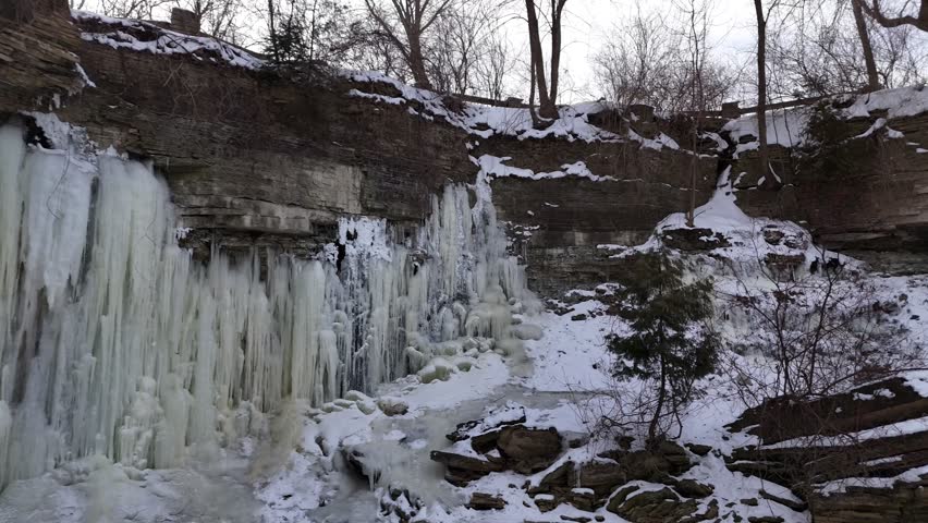Low Drone Orbital shot of Frozen Waterfall in Green Bay Wisconsin.