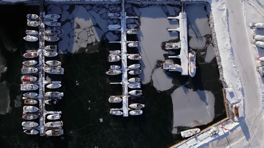 boats, snow, harbor, winter, aerial